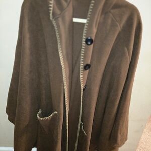 Brown Women's Cape Coat with Decorative Trim